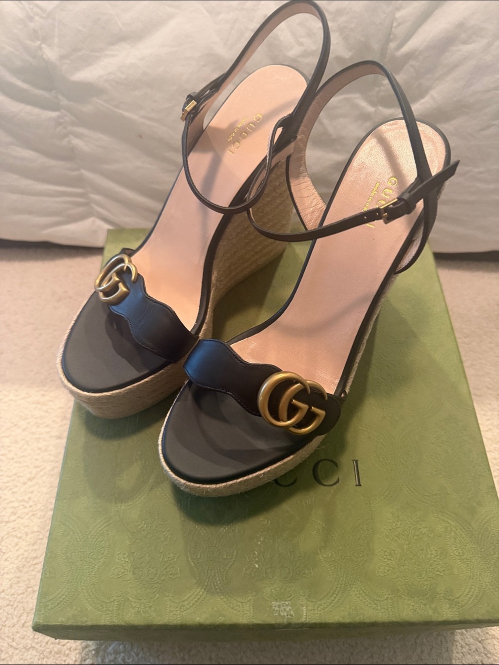 Gucci Black Leather Espadrille Wedge Sandals with Gold Double G- Brand New